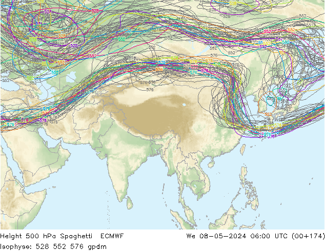 Height 500 hPa Spaghetti ECMWF St 08.05.2024 06 UTC