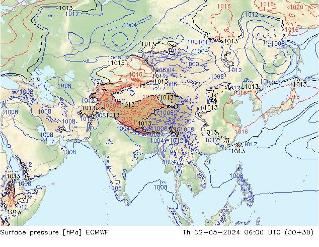 Pressione al suolo ECMWF gio 02.05.2024 06 UTC