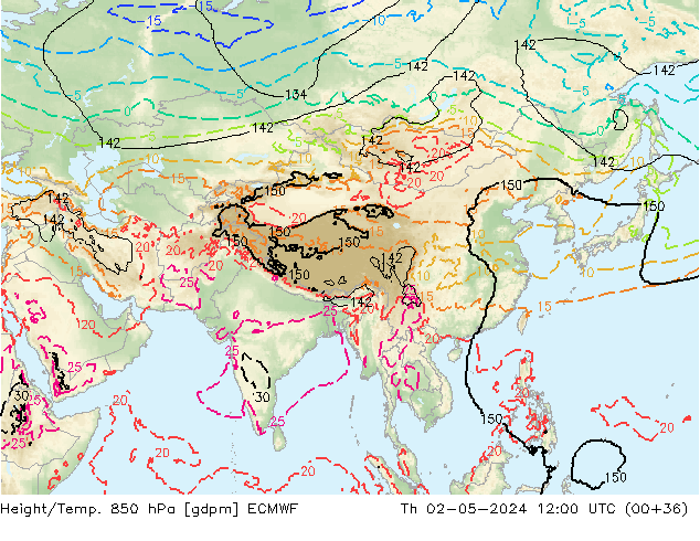 Height/Temp. 850 hPa ECMWF Th 02.05.2024 12 UTC