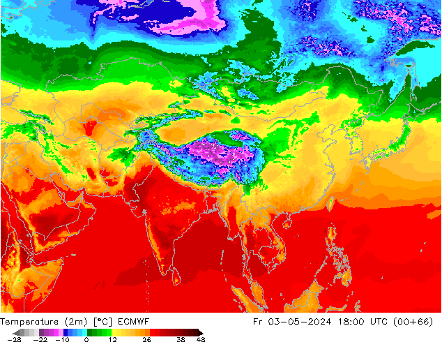 mapa temperatury (2m) ECMWF pt. 03.05.2024 18 UTC