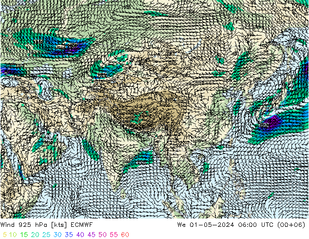 Vento 925 hPa ECMWF mer 01.05.2024 06 UTC