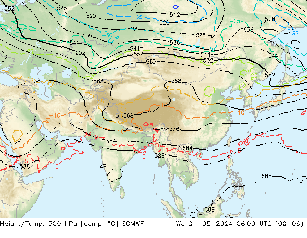 Height/Temp. 500 hPa ECMWF mer 01.05.2024 06 UTC