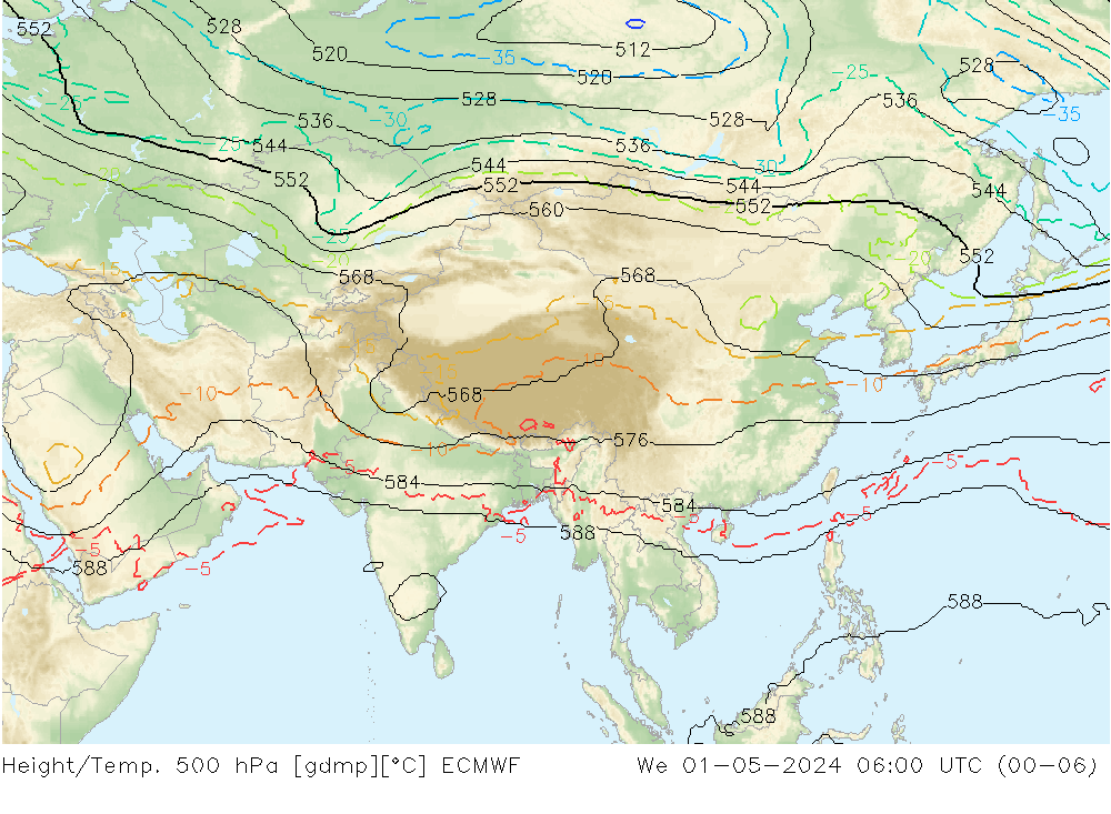 Hoogte/Temp. 500 hPa ECMWF wo 01.05.2024 06 UTC