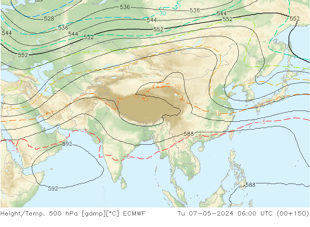 Hoogte/Temp. 500 hPa ECMWF di 07.05.2024 06 UTC