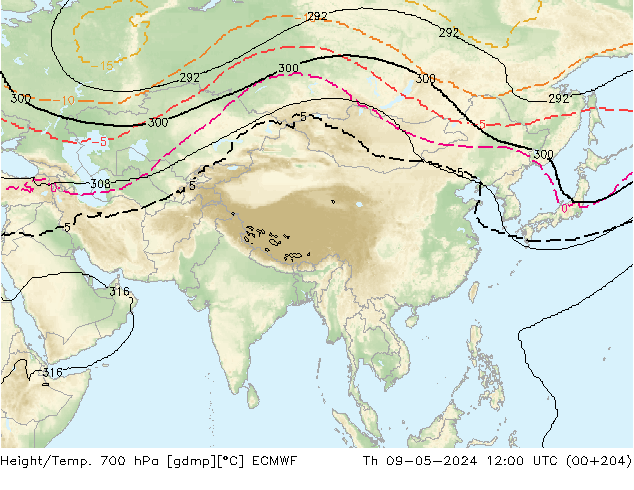 Height/Temp. 700 hPa ECMWF czw. 09.05.2024 12 UTC