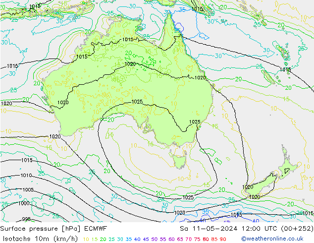 Isotachs (kph) ECMWF Sa 11.05.2024 12 UTC