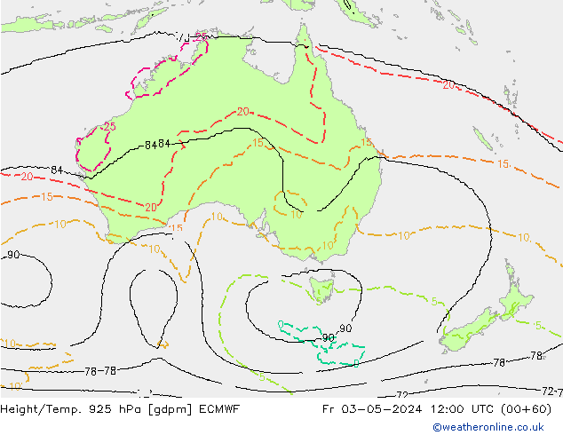 Hoogte/Temp. 925 hPa ECMWF vr 03.05.2024 12 UTC