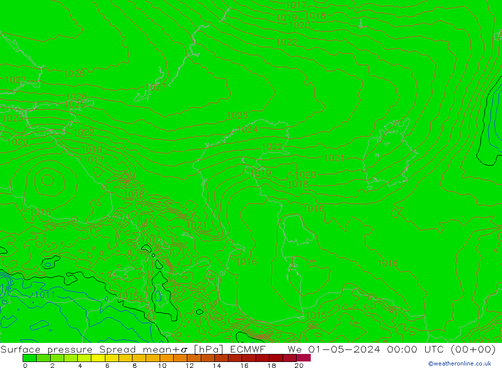 Surface pressure Spread ECMWF We 01.05.2024 00 UTC