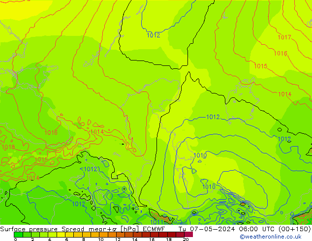 Surface pressure Spread ECMWF Tu 07.05.2024 06 UTC