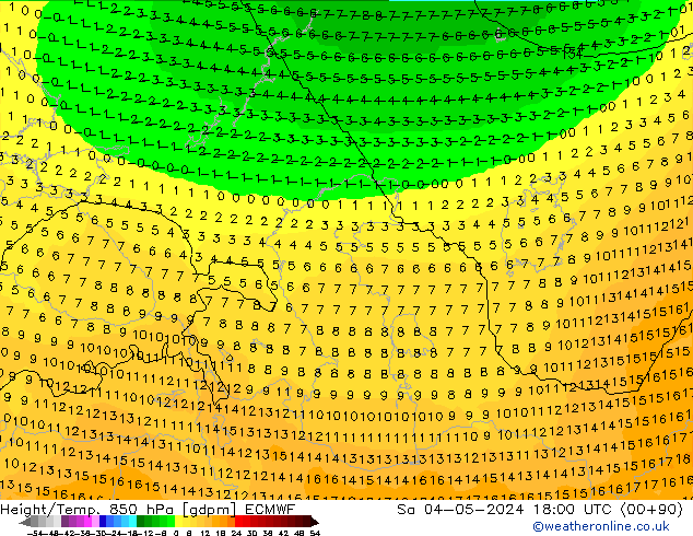 Height/Temp. 850 гПа ECMWF сб 04.05.2024 18 UTC