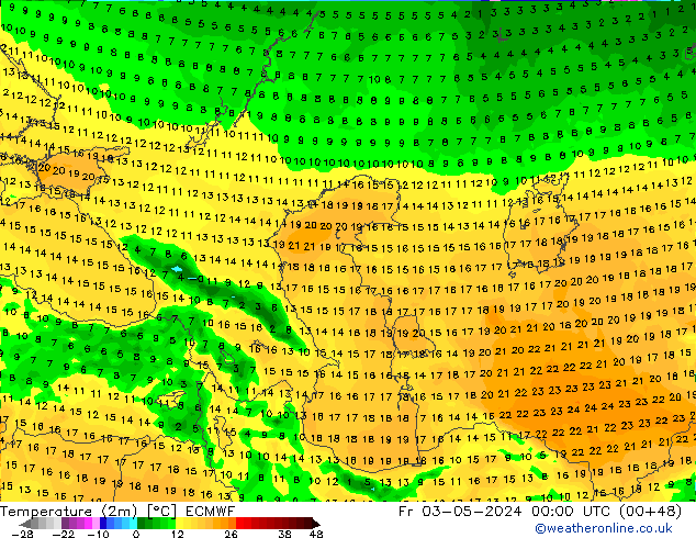 Temperatuurkaart (2m) ECMWF vr 03.05.2024 00 UTC