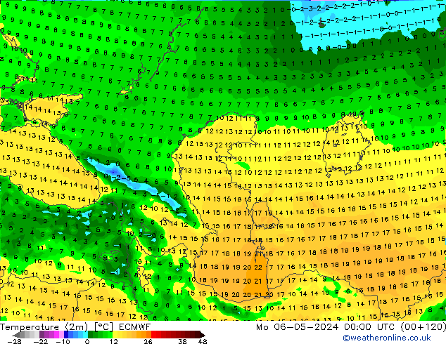 Sıcaklık Haritası (2m) ECMWF Pzt 06.05.2024 00 UTC