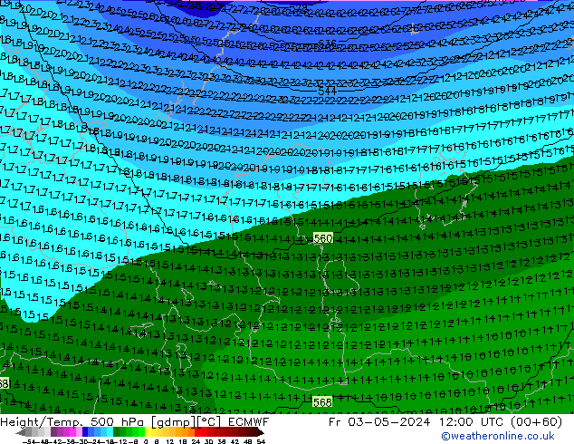 Height/Temp. 500 hPa ECMWF Fr 03.05.2024 12 UTC