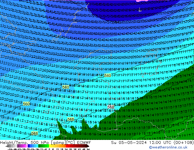 Height/Temp. 500 hPa ECMWF nie. 05.05.2024 12 UTC