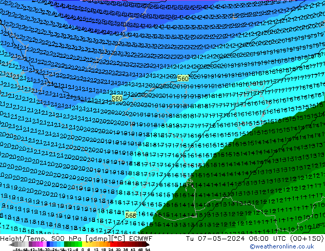 Hoogte/Temp. 500 hPa ECMWF di 07.05.2024 06 UTC