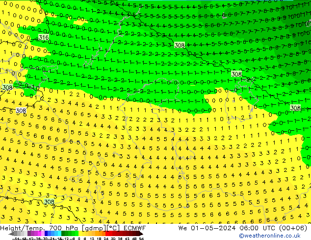 Height/Temp. 700 hPa ECMWF śro. 01.05.2024 06 UTC