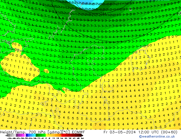 Height/Temp. 700 hPa ECMWF ven 03.05.2024 12 UTC