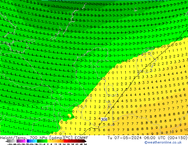 Height/Temp. 700 hPa ECMWF Tu 07.05.2024 06 UTC