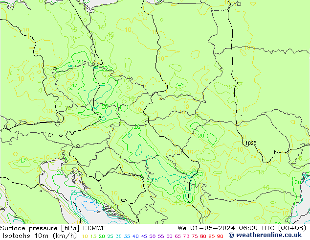 Isotachs (kph) ECMWF mer 01.05.2024 06 UTC