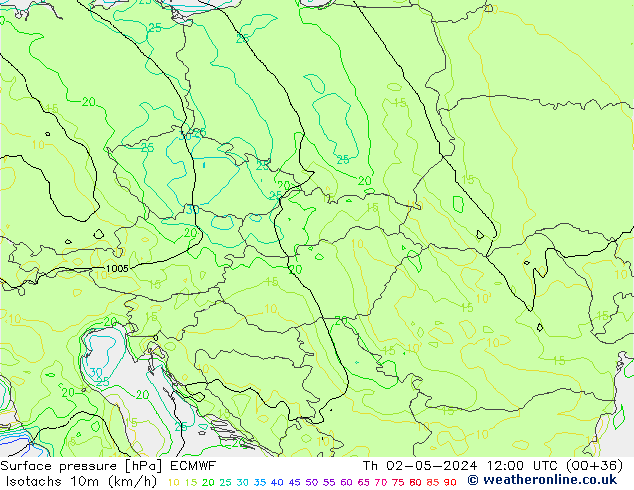 Isotachen (km/h) ECMWF do 02.05.2024 12 UTC