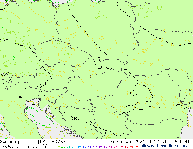 Izotacha (km/godz) ECMWF pt. 03.05.2024 06 UTC