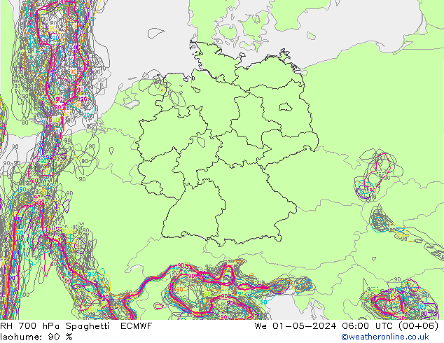 RH 700 hPa Spaghetti ECMWF Mi 01.05.2024 06 UTC