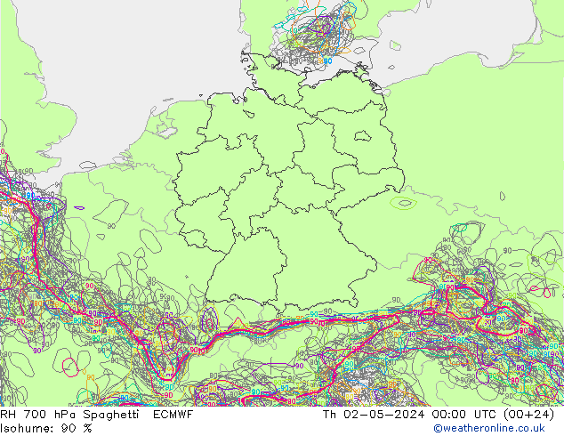 RH 700 hPa Spaghetti ECMWF Th 02.05.2024 00 UTC