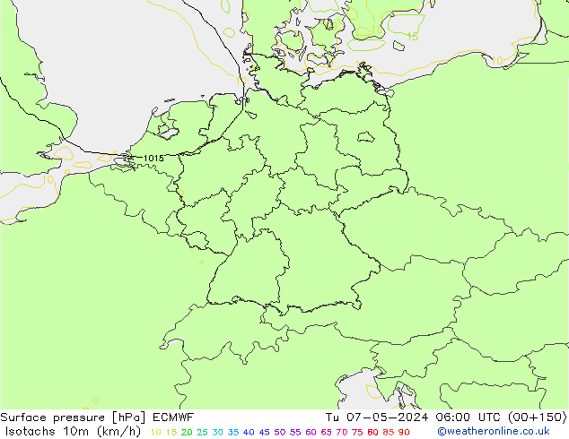 Isotachen (km/h) ECMWF Di 07.05.2024 06 UTC