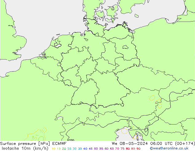 Isotachs (kph) ECMWF mer 08.05.2024 06 UTC