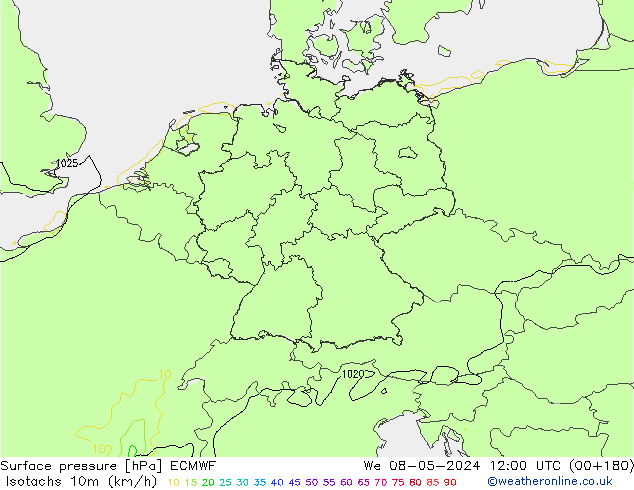 Isotachs (kph) ECMWF Qua 08.05.2024 12 UTC