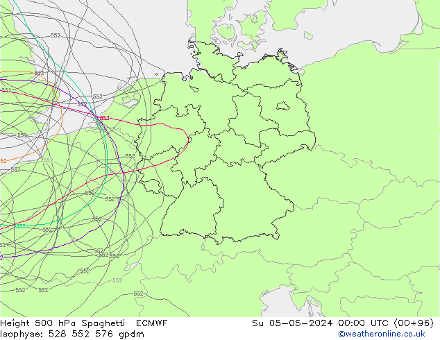 Height 500 hPa Spaghetti ECMWF Su 05.05.2024 00 UTC