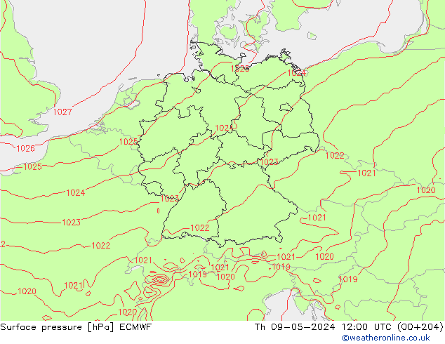 Presión superficial ECMWF jue 09.05.2024 12 UTC