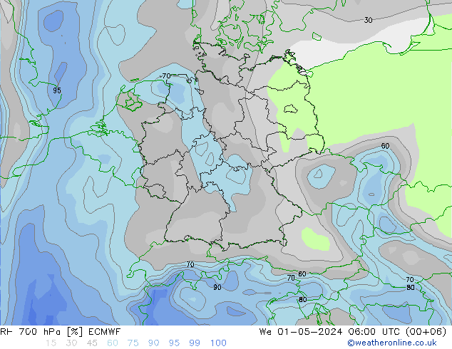 RH 700 hPa ECMWF Mi 01.05.2024 06 UTC