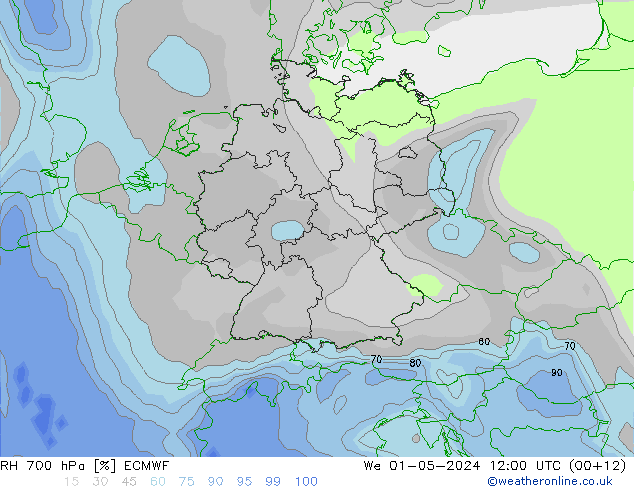 RH 700 hPa ECMWF mer 01.05.2024 12 UTC