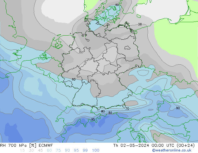 Humidité rel. 700 hPa ECMWF jeu 02.05.2024 00 UTC