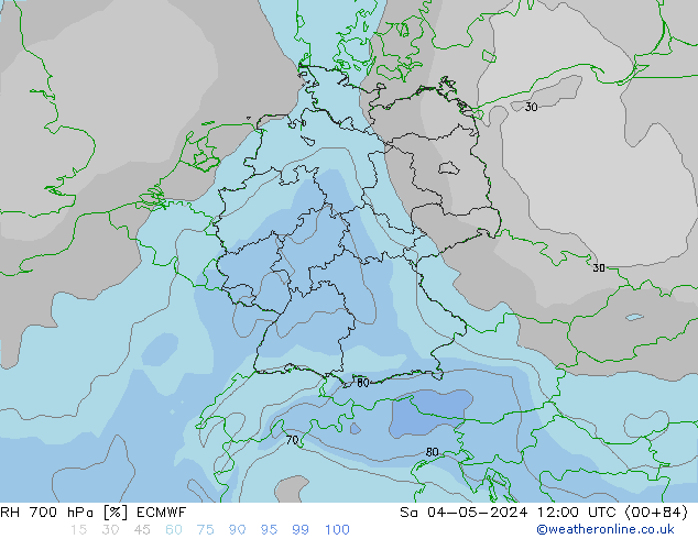 Humedad rel. 700hPa ECMWF sáb 04.05.2024 12 UTC