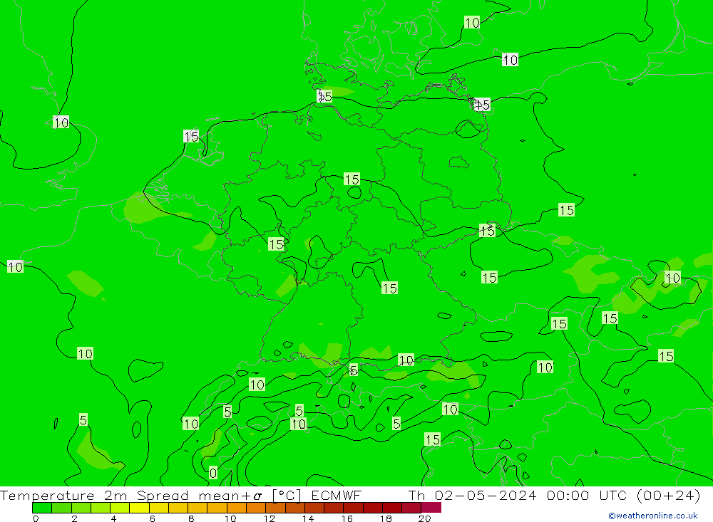 Temperature 2m Spread ECMWF Th 02.05.2024 00 UTC