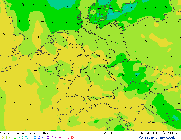 wiatr 10 m ECMWF śro. 01.05.2024 06 UTC