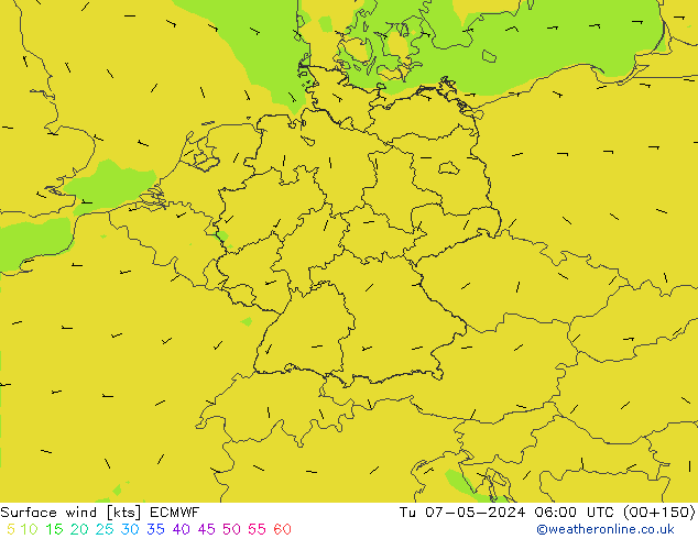 wiatr 10 m ECMWF wto. 07.05.2024 06 UTC