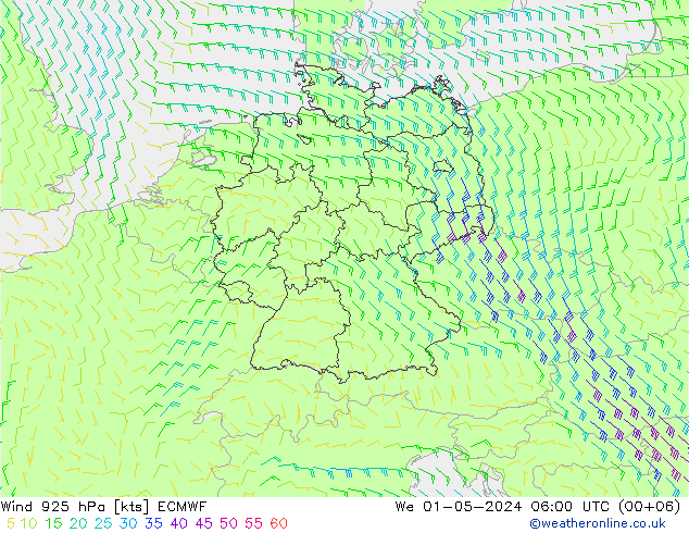 wiatr 925 hPa ECMWF śro. 01.05.2024 06 UTC