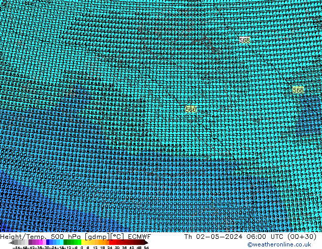 Height/Temp. 500 hPa ECMWF Čt 02.05.2024 06 UTC