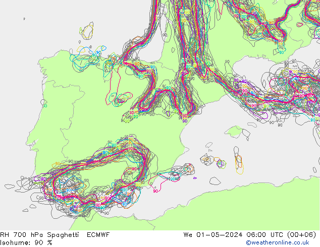 RH 700 hPa Spaghetti ECMWF śro. 01.05.2024 06 UTC