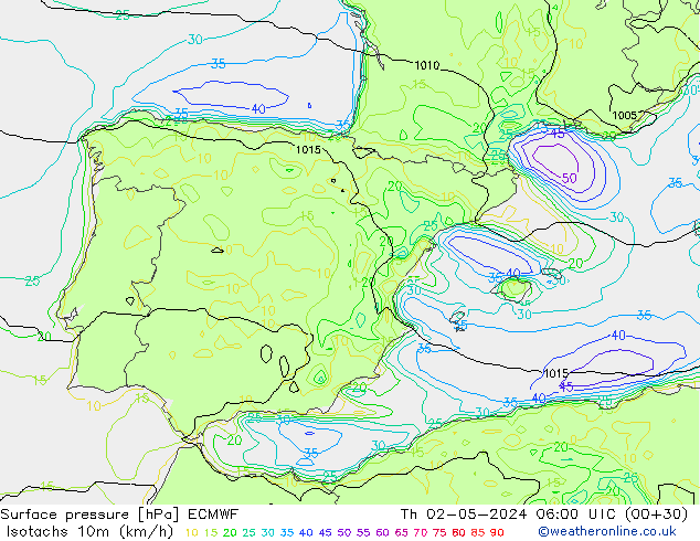 Isotachs (kph) ECMWF Th 02.05.2024 06 UTC