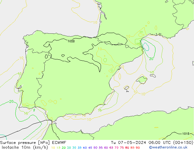 Isotachs (kph) ECMWF Tu 07.05.2024 06 UTC