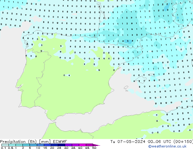 Precipitation (6h) ECMWF Tu 07.05.2024 06 UTC