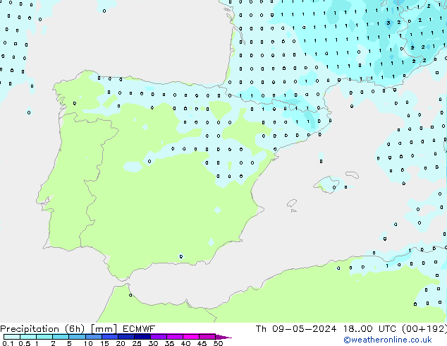 Precipitation (6h) ECMWF Čt 09.05.2024 00 UTC