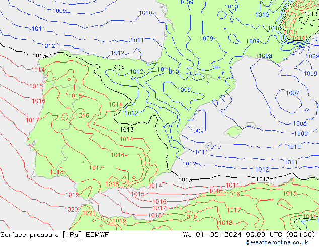 Presión superficial ECMWF mié 01.05.2024 00 UTC