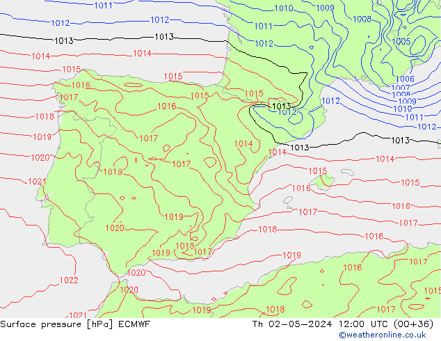 Surface pressure ECMWF Th 02.05.2024 12 UTC