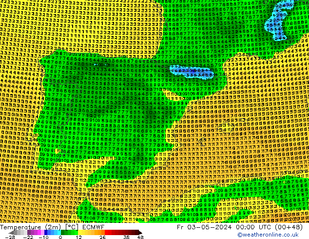 Temperatuurkaart (2m) ECMWF vr 03.05.2024 00 UTC