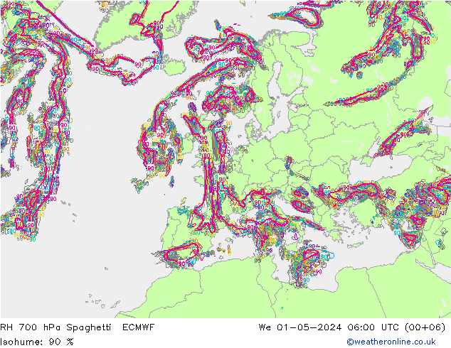 RH 700 hPa Spaghetti ECMWF We 01.05.2024 06 UTC